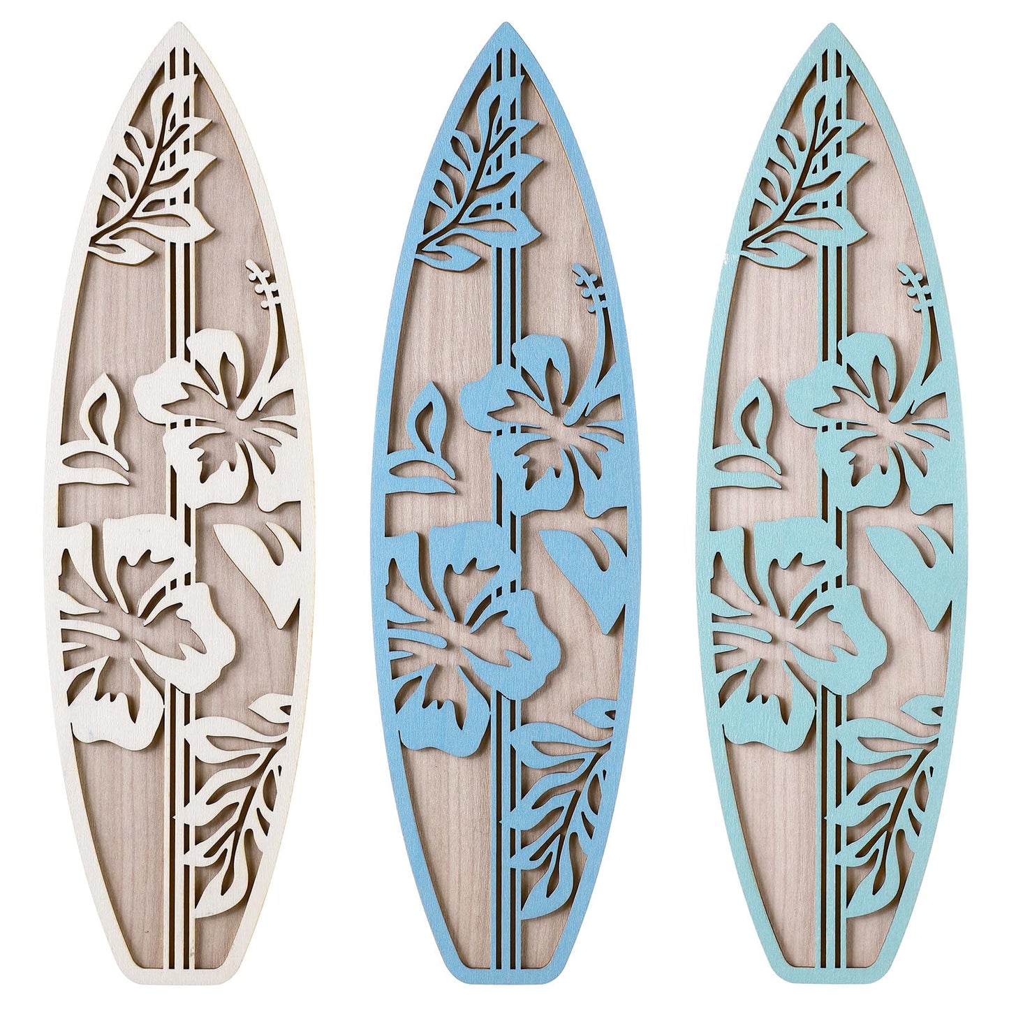 RattanView 3 Pieces Surfboard Decor for Bedroom Wooden Beach Wall Decor Summer Wood Surfboard Wall Hanging Sign for Tropical Living Room Decoration(Hibiscus,Blue)