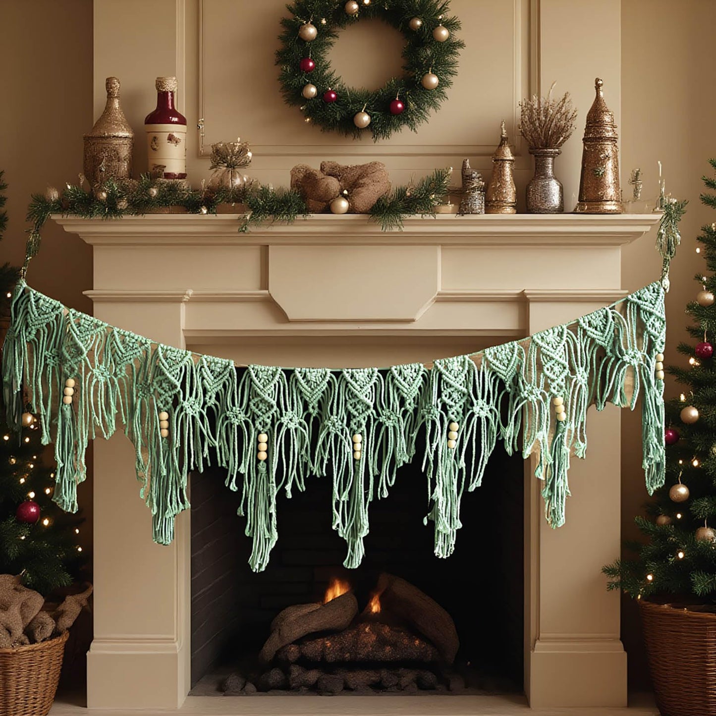 Macravine Macrame Wall Hanging Garland, Green and Cream, Bohemian Style with Wooden Beads, Handwoven Cotton Fringe Banner,44“X12.8” (Green)