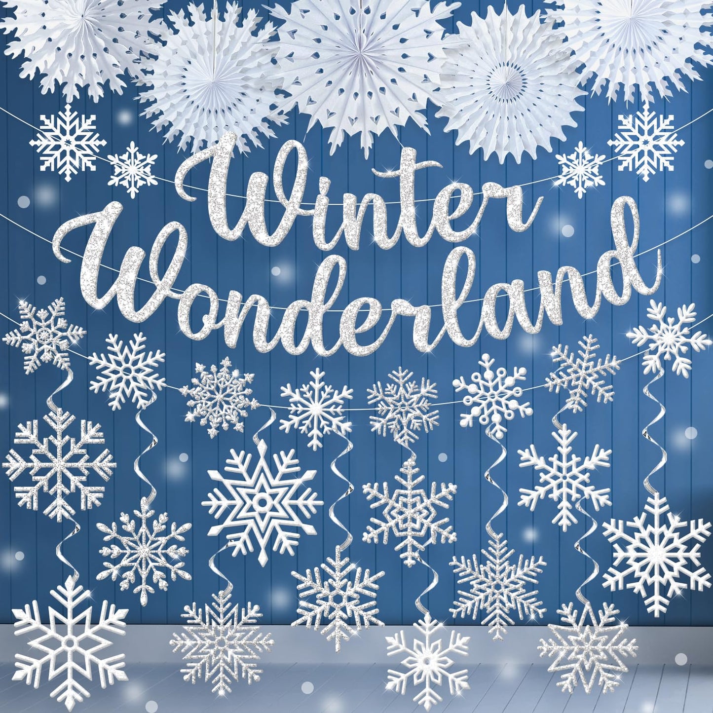 Winter Wonderland Decorations, Silver Winter Wonderland Christmas Decorations Includes Glitter Banner and Snowflake Hanging Swirl, Snowflakes Ornaments Banner for Indoor Office Decorations