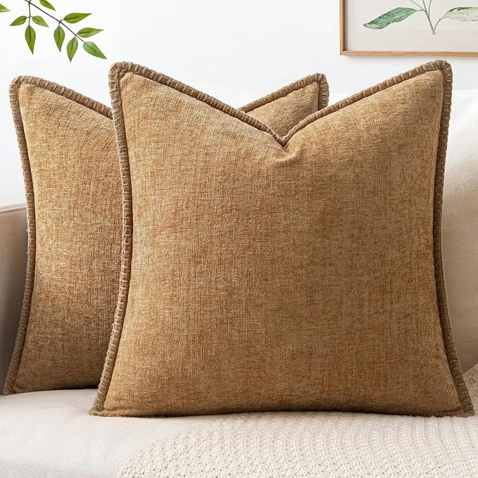 MIULEE Pack of 2 Couch Throw Pillow Covers 18x18 Inch Apricot Brown Farmhouse Decorative Pillow Covers with Stitched Edge Soft Chenille Solid Dyed Spring Pillow Covers for Sofa Bed Living Room
