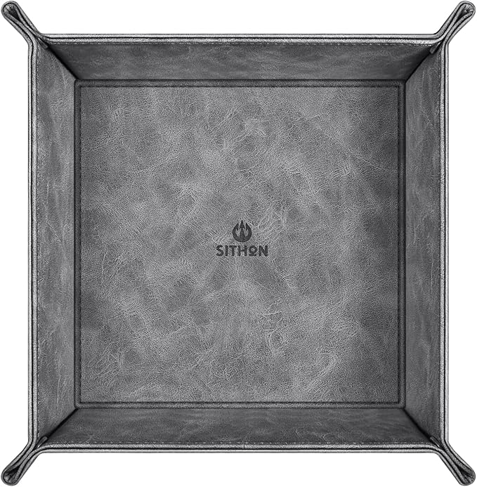 SITHON Valet Tray Desktop Storage Organizer – Premium PU Leather Catchall Bedside Vanity Tray Nightstand Caddy Holder for Remote Controller, Keys, Phone, Wallet, Coin, Jewelry (Gray)