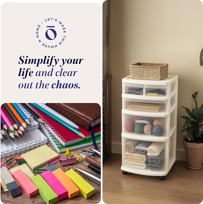 HOMZ Drawer Tower, 4-Tier Clear Plastic Storage Organizer Cart, White Frame – Rolling Containers with Wheels for Bathroom, Bedroom, Office, and Classroom Organization