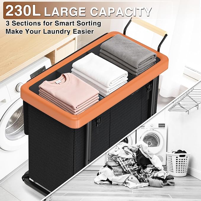 Rolling Laundry Hamper with Wheels, Laundry Hamper 3 Section with Lid, Laundry Basket with Rolling Lockable Wheels and Handle, Laundry Basket Organizer for Laundry Room, Bedroom 230L Black
