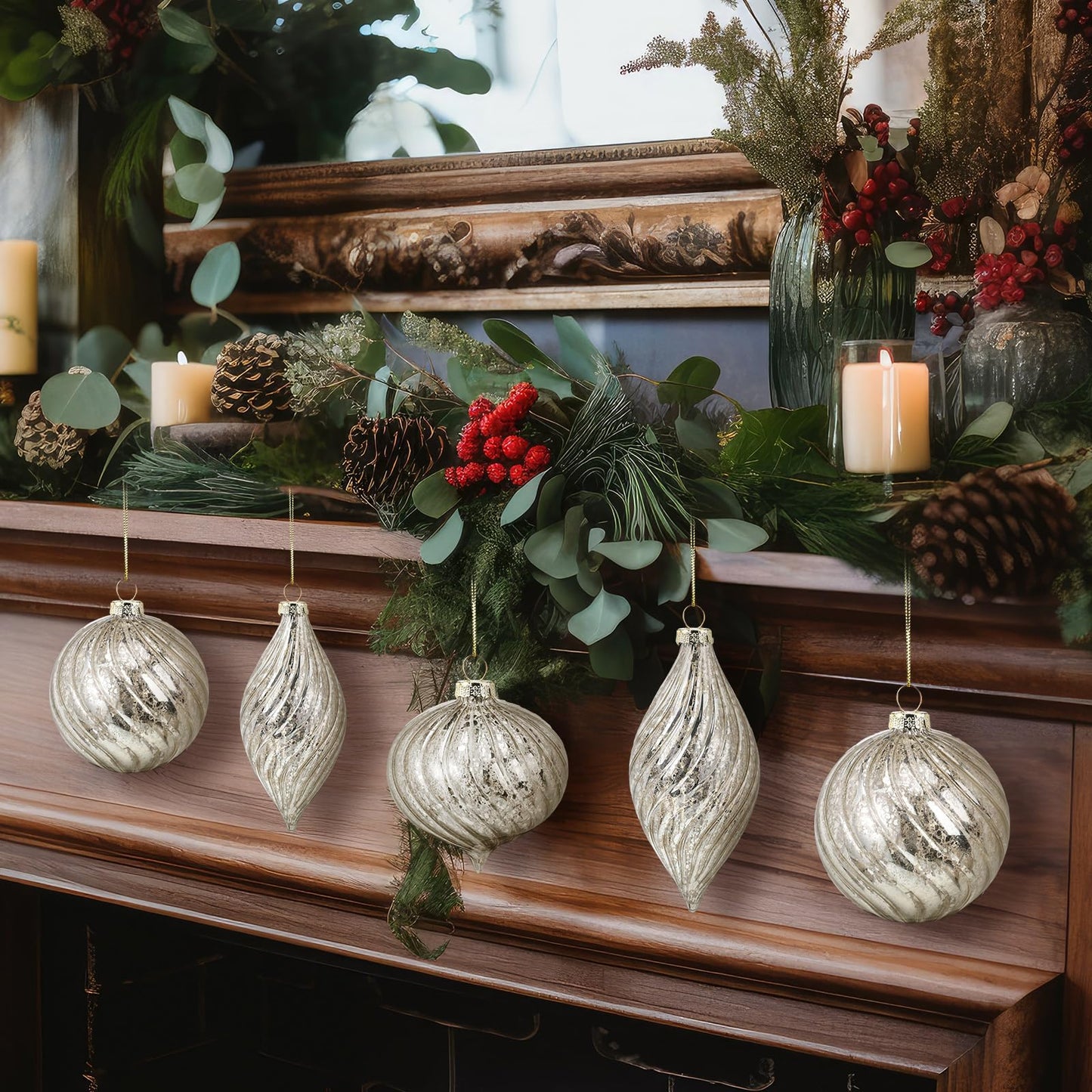 Vercraft 6 Pcs Silver Glass Christmas Ornaments, Mercury Christmas Ball Ornaments Hanging Hand Blown Glass Balls for Xmas Tree Home Wedding Birthday Holiday Party Decor, 2.36 Inch
