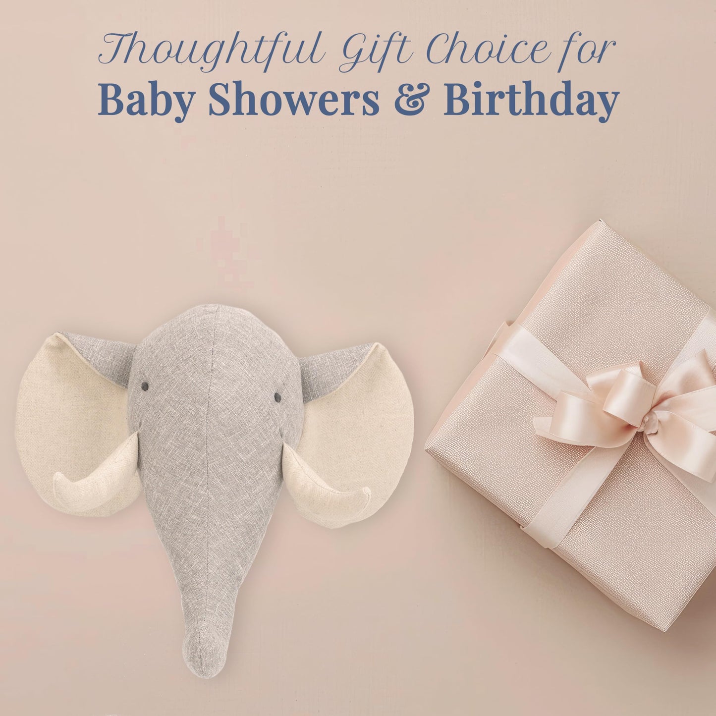 MON AMI Elephant Stuffed Head Wall Mount – 12”, Wall Hanging Décor, Stuffed Animal Head Wall Décor, Great Gift for Newborns, Kids, Boys, Girls