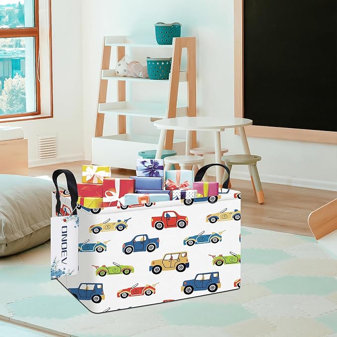 Rectangular Cartoon Car Pattern Storage Bin, Decorative Canvas Laundry Basket with Dual Handles, Foldable Household Toy Organizer, Multipurpose Party Gift Basket for Bedroom Dorm (Car)