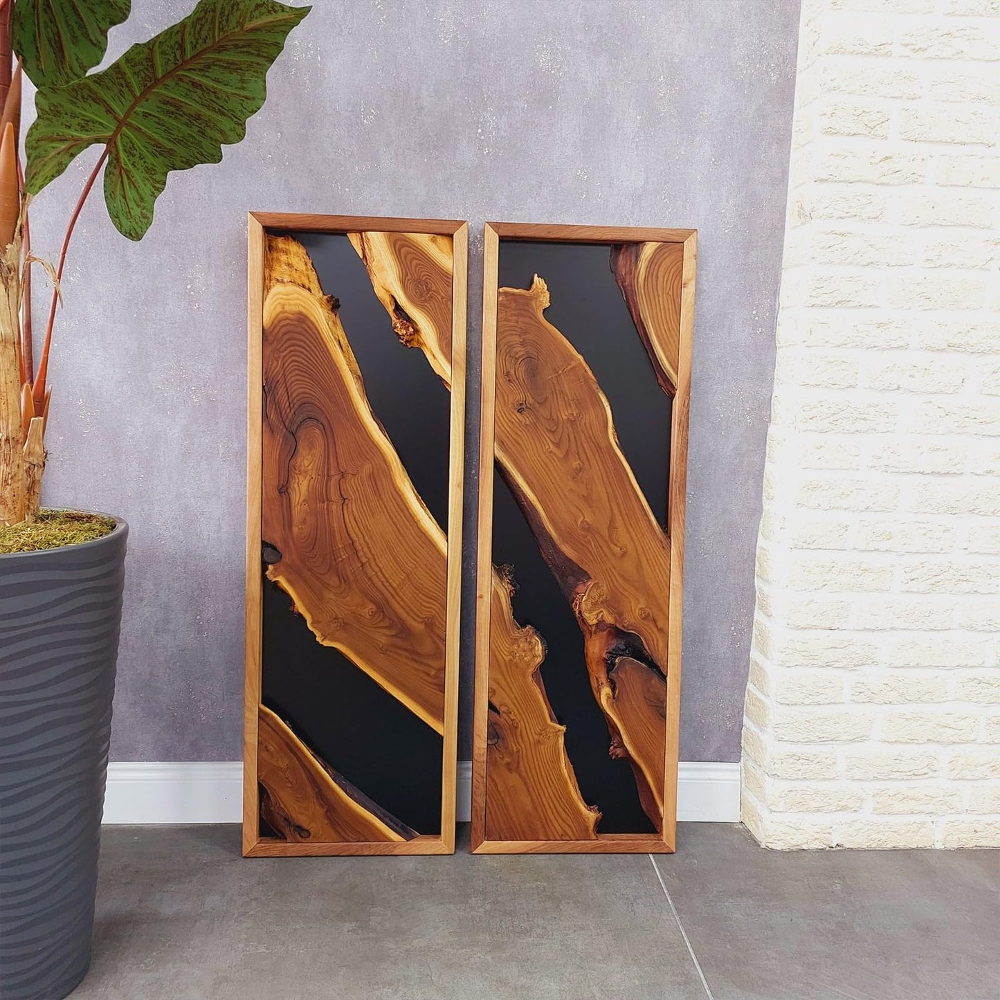 Modern Rustic Wall Art - Live Edge Olive Wood Single Panel Decor - Black Background Wood Art - 14"x30"