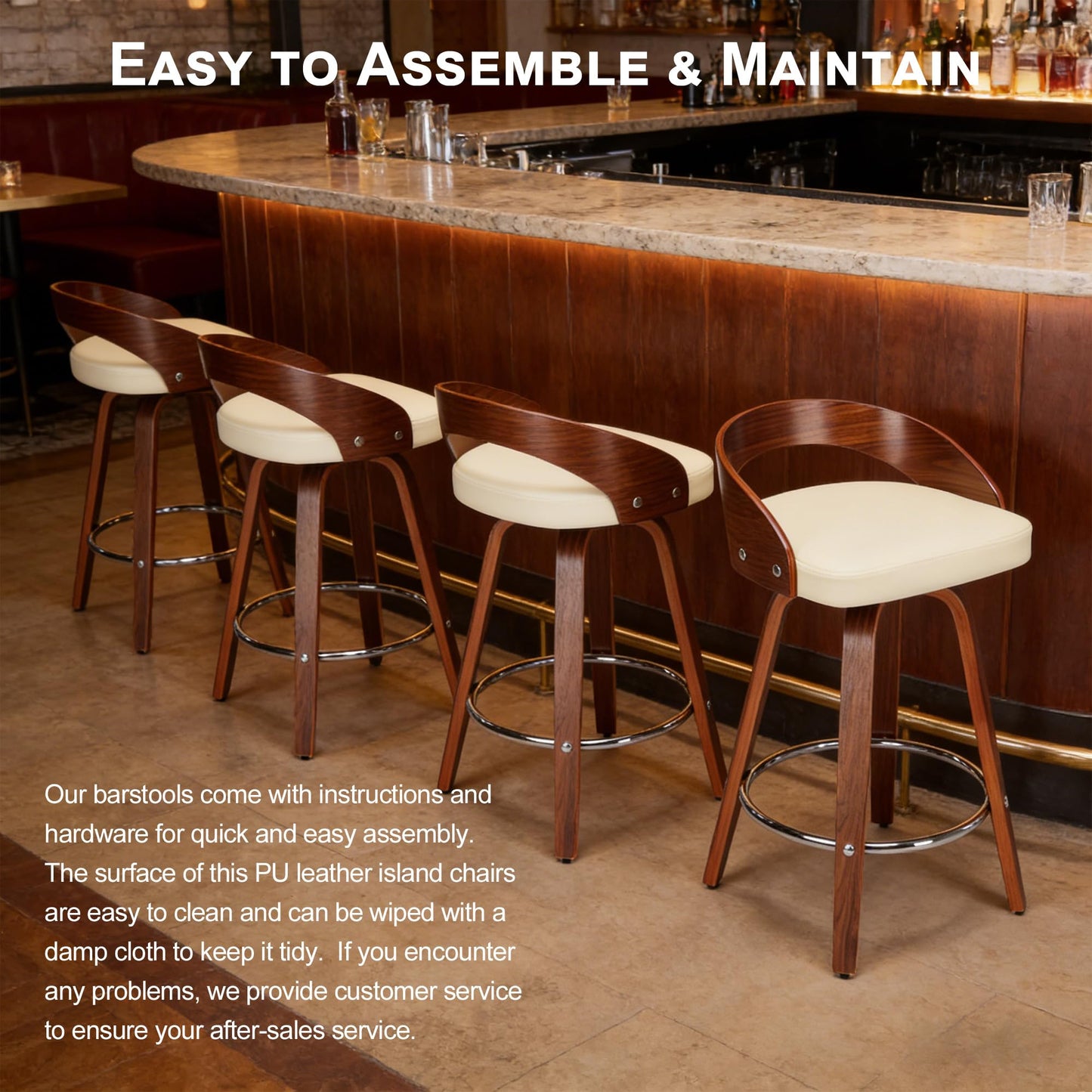 Swivel Bar Stools Set of 2, 24.6" Counter Height Bar Stools, Mid-Century Modern Design, Upholstered Walnut Barstools with Bentwood Curved Back and Legs, Suitable for Kitchen Island, Counter