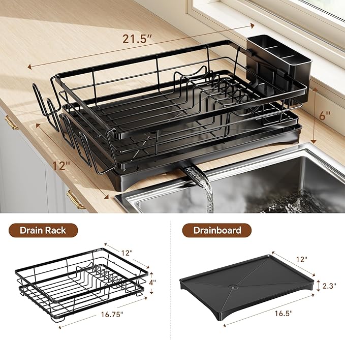 Simple Trending Dish Drying Rack for Kitchen Counter, Stainless Steel Dish Rack, Large Dish Drainer Organizer with Cutlery Holder & Cup Holders, Black