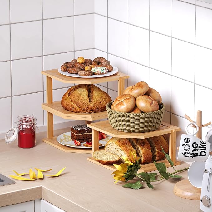 VERTORGAN Bamboo Corner Shelf(3 Pack),2 Tier Plate Organizer for Cabinet and Countertop,Pantry Dish and Spice Rack for Kitchen