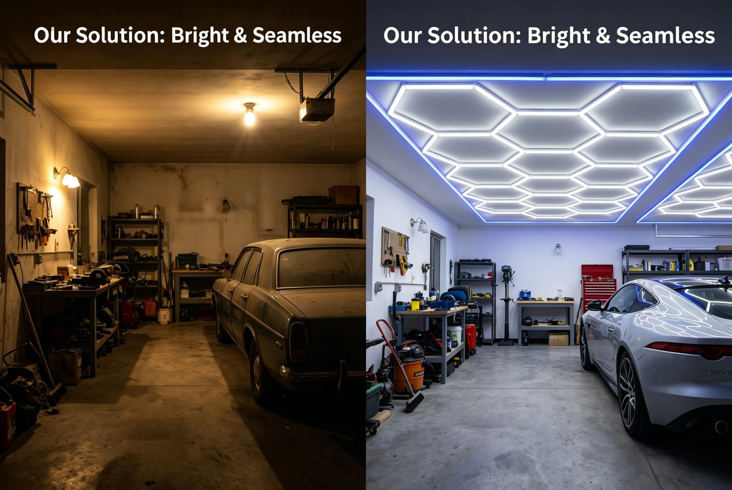 Hexagon Garage Lights 6500K, 15-Grid Honeycomb LED Garage Light with Blue Border, 84 Tubes 71400LM 660W Ceiling Shop Lights for Car Detailing, Workshop, Gym, Warehouse, Basement