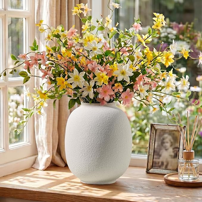Large White Ceramic Vase, 9.85in Rustic Round Tall Vase for Table Centerpieces, Modern Homes Farmhouse Living Decor (Sandstone White)