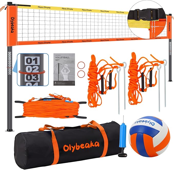 Outdoor Portable Volleyball Net Set for Backyard Beach with Adjustable Heavy Duty Poles, Durable Net, PU Volleyball & Pump, Carry Bag