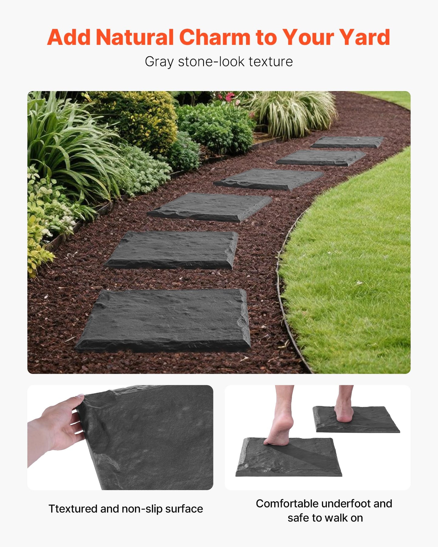 VEVOR Garden Stepping Stones, 4Pcs 15.5 x 15.5 in, Decorative Stepping Stones with Stakes, Weather-Resistant Plastic Pathway Pavers, Smooth Surface, Outdoor Walkway for Lawn Patio Landscape, Grey