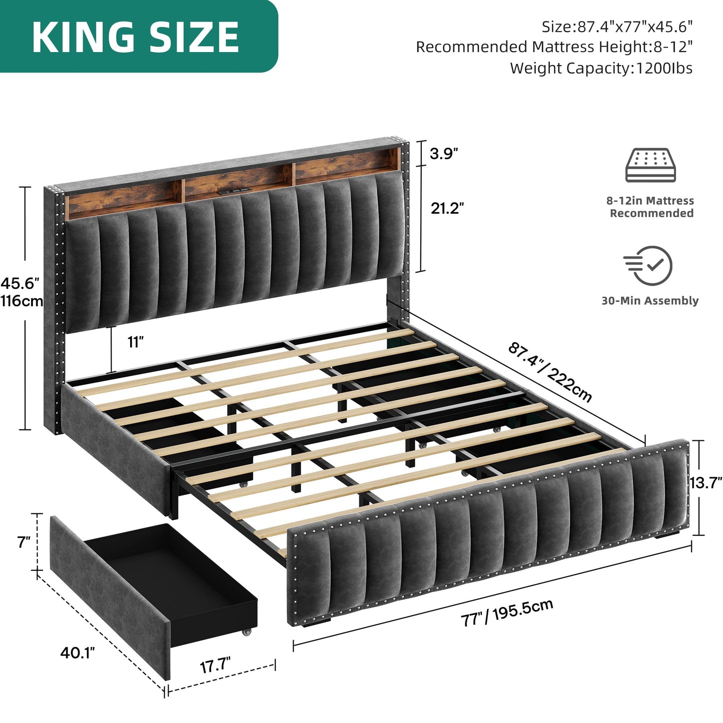 YITAHOME King Size Bed Frame wi/ 4 Storage Drawers and RGB LED Lights, Velvet Upholstered Platform Bed w/Charging Station and Bookcase Storage Headboard, No Box Spring Needed, Easy Assembly, Dark Gray