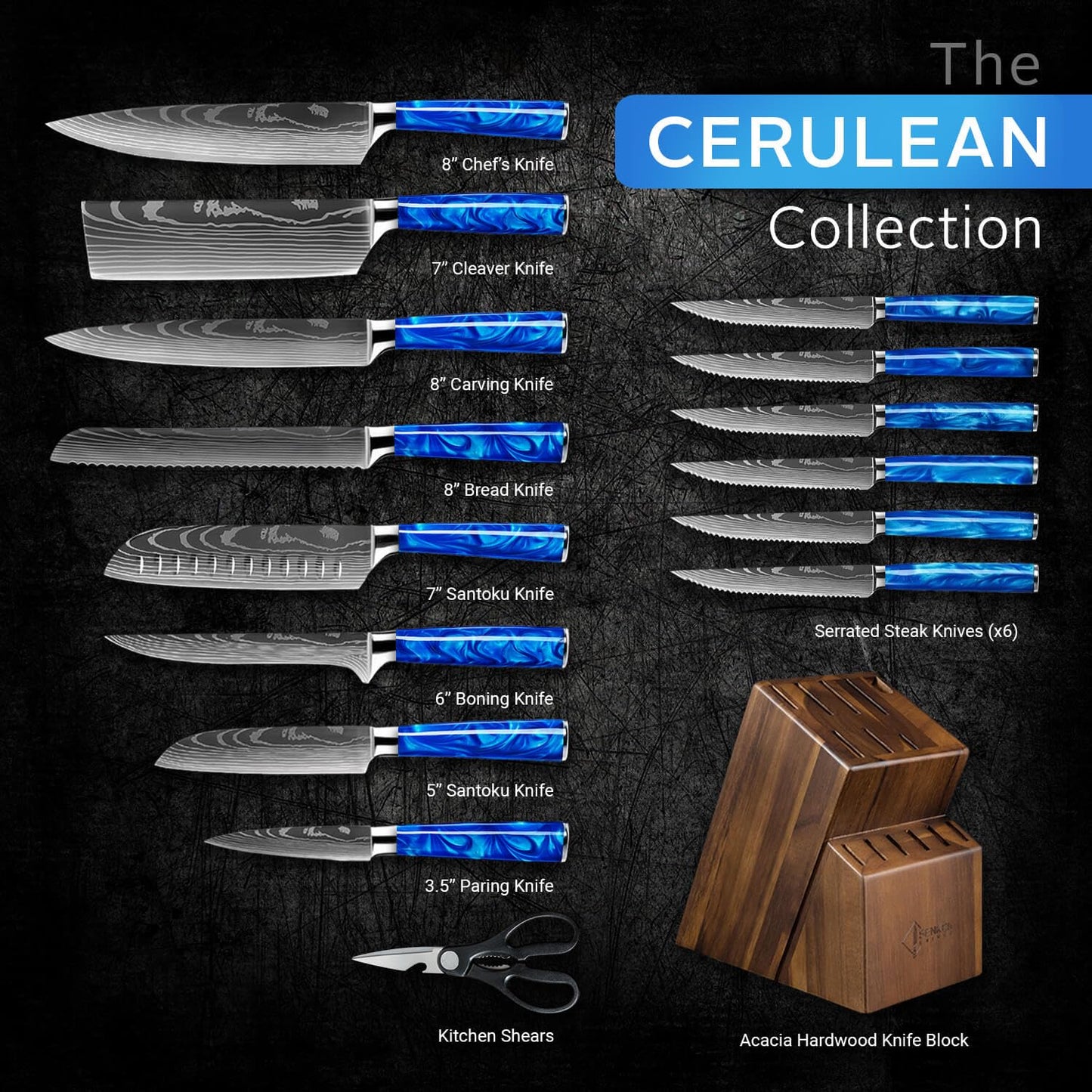 SENKEN 16-Piece Kitchen Knife Block Set - Japanese Chef's Knife Set with Laser Damascus Pattern, Includes 6 Steak Knives and Smoothly Finished Acacia Hardwood Knife Block (Blue Resin Handles)