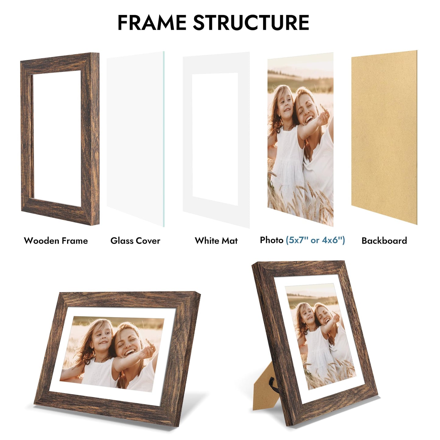 Hongkee 5x7 Picture Frame with Glass, Display Pictures 4x6 with Mat or 5 x 7 without Mat - Wall and Tabletop, 5 by 7 Photo Wooden Frames (Rustic Brown, 1 Pack)