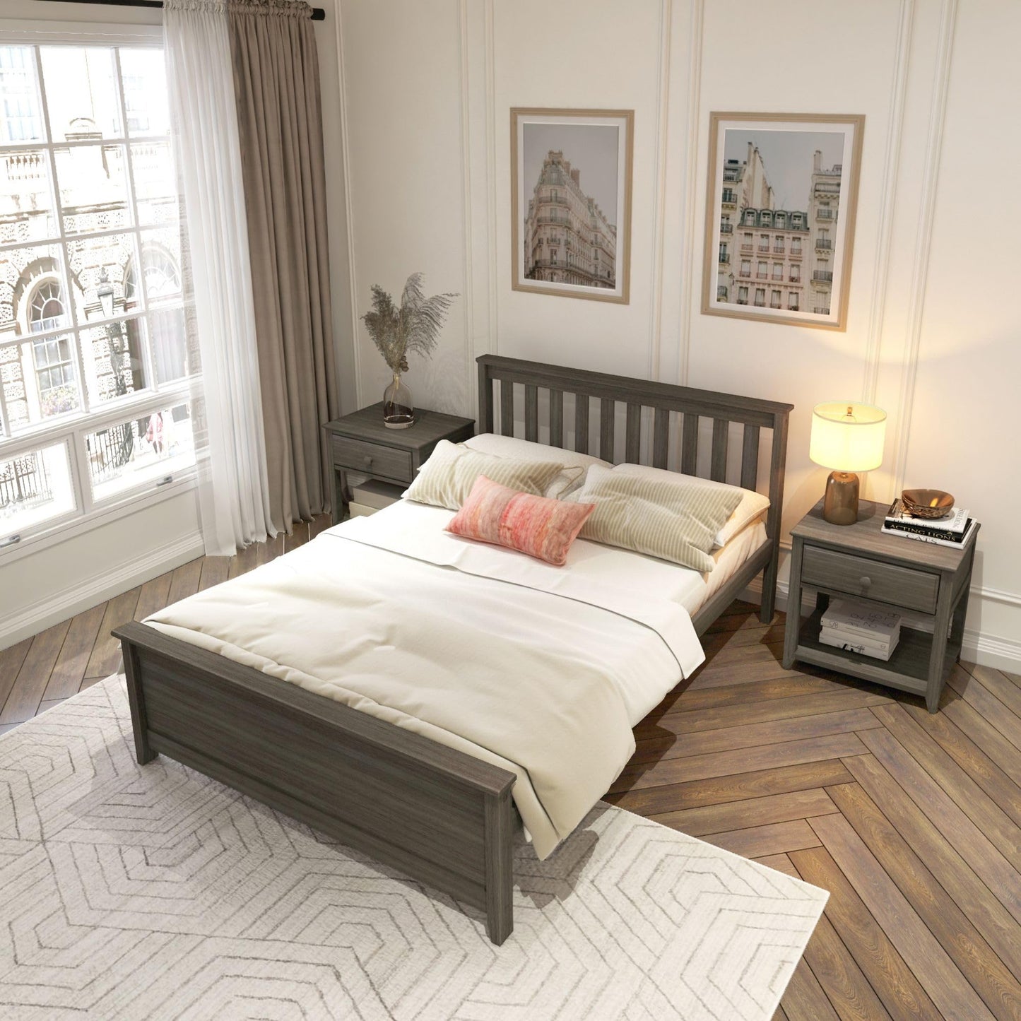 Plank+Beam Solid Wood Full Bed Frame, Platform Bed with Headboard, Clay