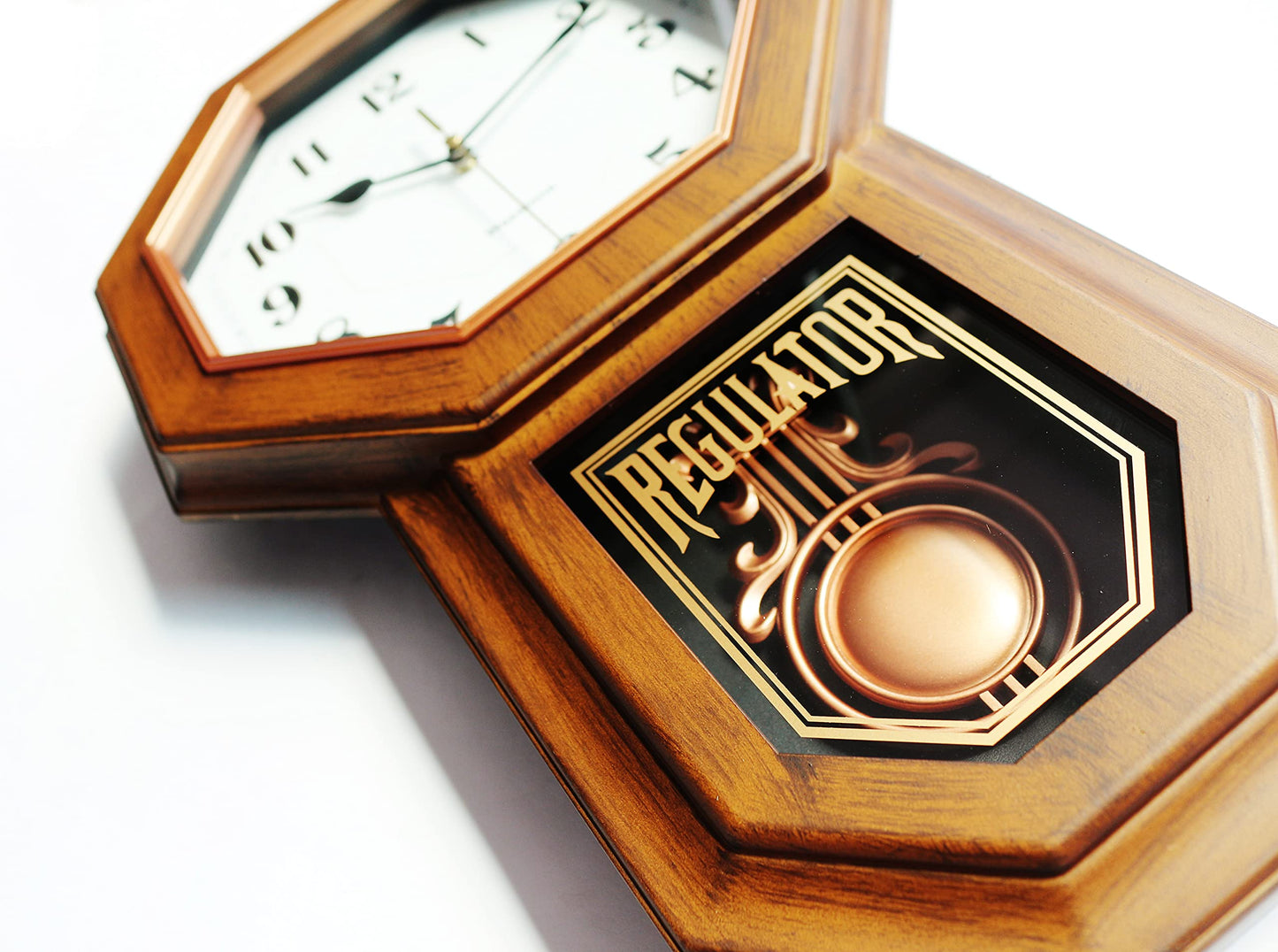 Classic Antique Mini Pendulum Wall Clock, Wood Simulated Vintage Bronze Texture, Non Ticking Silent Sweep Quartz Movement, Width 11.4”, Length 18.5”, Retro Rustic Country Style, Plastic Frame