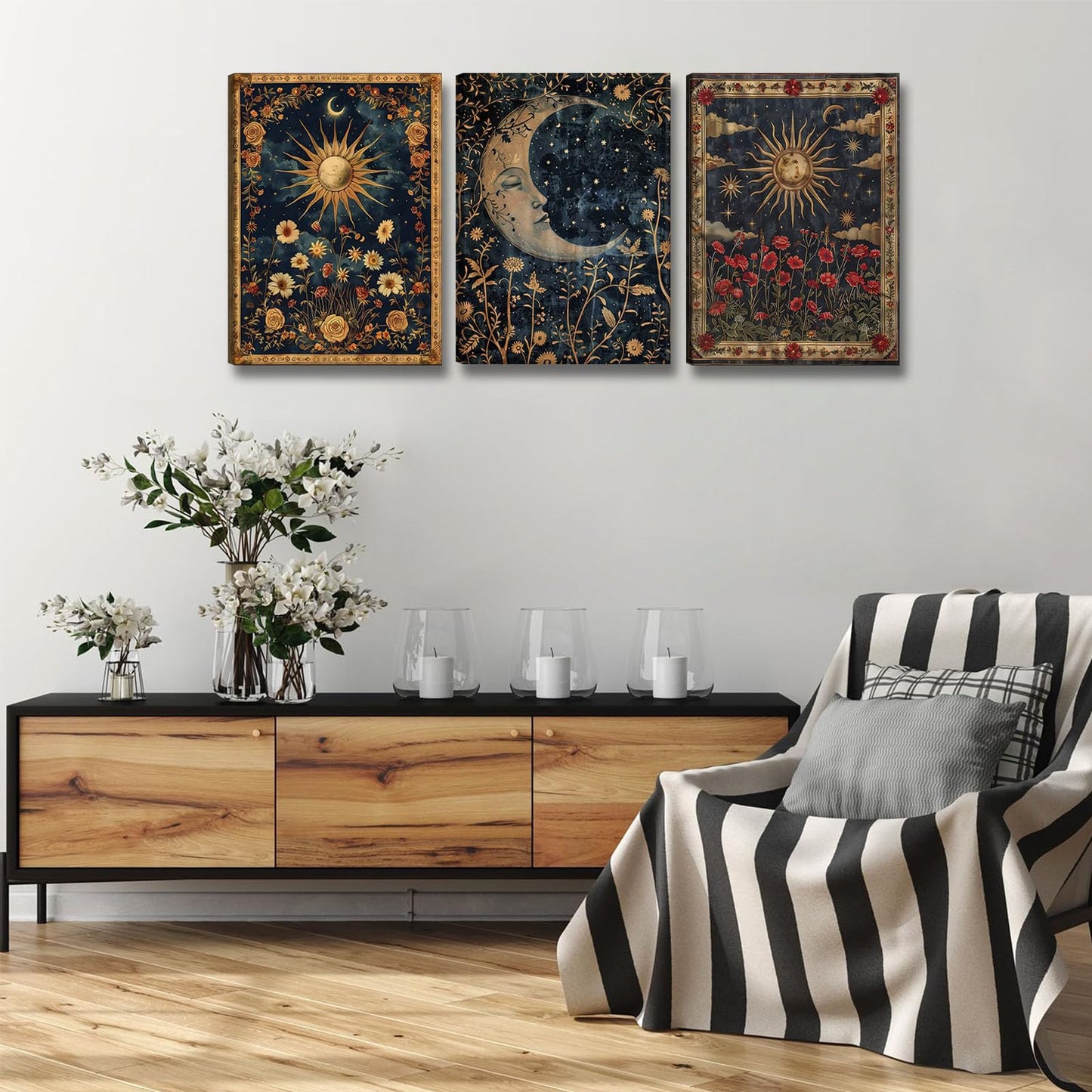 3pcs Sun and Moon Celestial Canvas Wall Art Tarot Crescent Moon Picture Wall Decor Gothic Wildflowers Painting Posters Print Artwork Aesthetic Dark Academia Vibe for Bedroom Home Decor(12x16in canvas)