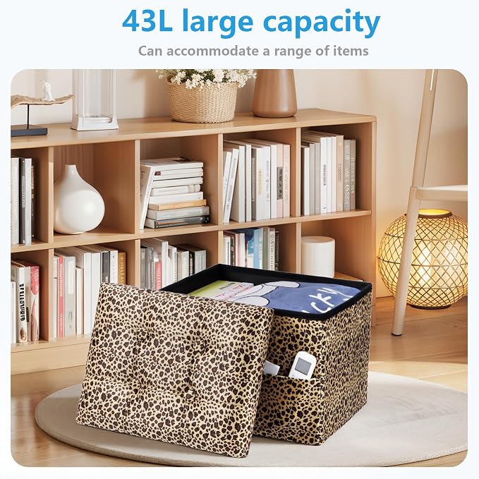 AmasSmile Storage Ottoman Folding Foot Rest Stool with Side Pocket, 17 inch Velvet Footstool Bench, Short Ottoman Bench, Storage Foot Rest Store, Blanket Chest, Leopard Print 2 Pack