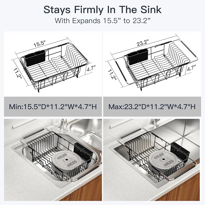 MAJALiS Dish Drying Rack Over The Sink with Utensil Holder, Drainboard | Expandable Stainless Steel Dish Drainer for Small Kitchen, Apartment, RV, Counter Space Saving, Perfect Fit, Rustproof