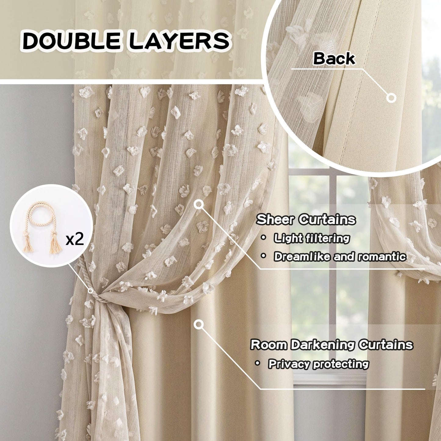 MYSKY HOME Beige Boho Curtains for Living Room 84 Inches Long Blackout Bohemian Curtains 2 Panels Beige Pom Pom Sheer Thermal Insulated Rustic Grommet Privacy Room Darkening Window Drapes 52" x 84"