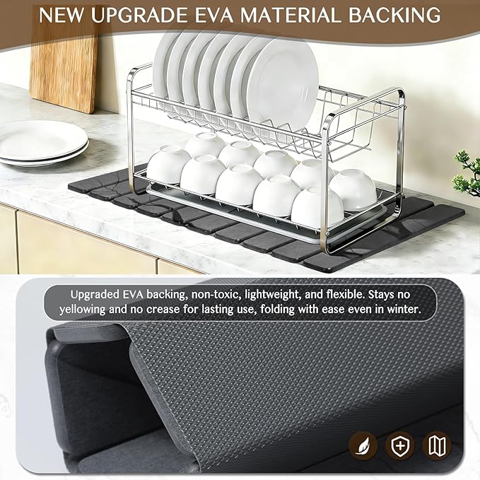 Large Stone Dish Drying Mat for Kitchen Counter, Thin & Light Quick Dry Stone Dishes Mats, Foldable Water Absorbing Diatomite Drying Pad for Kitchen Bathroom Sink Countertop (Gray Ink 24"×16" & 8"x4")