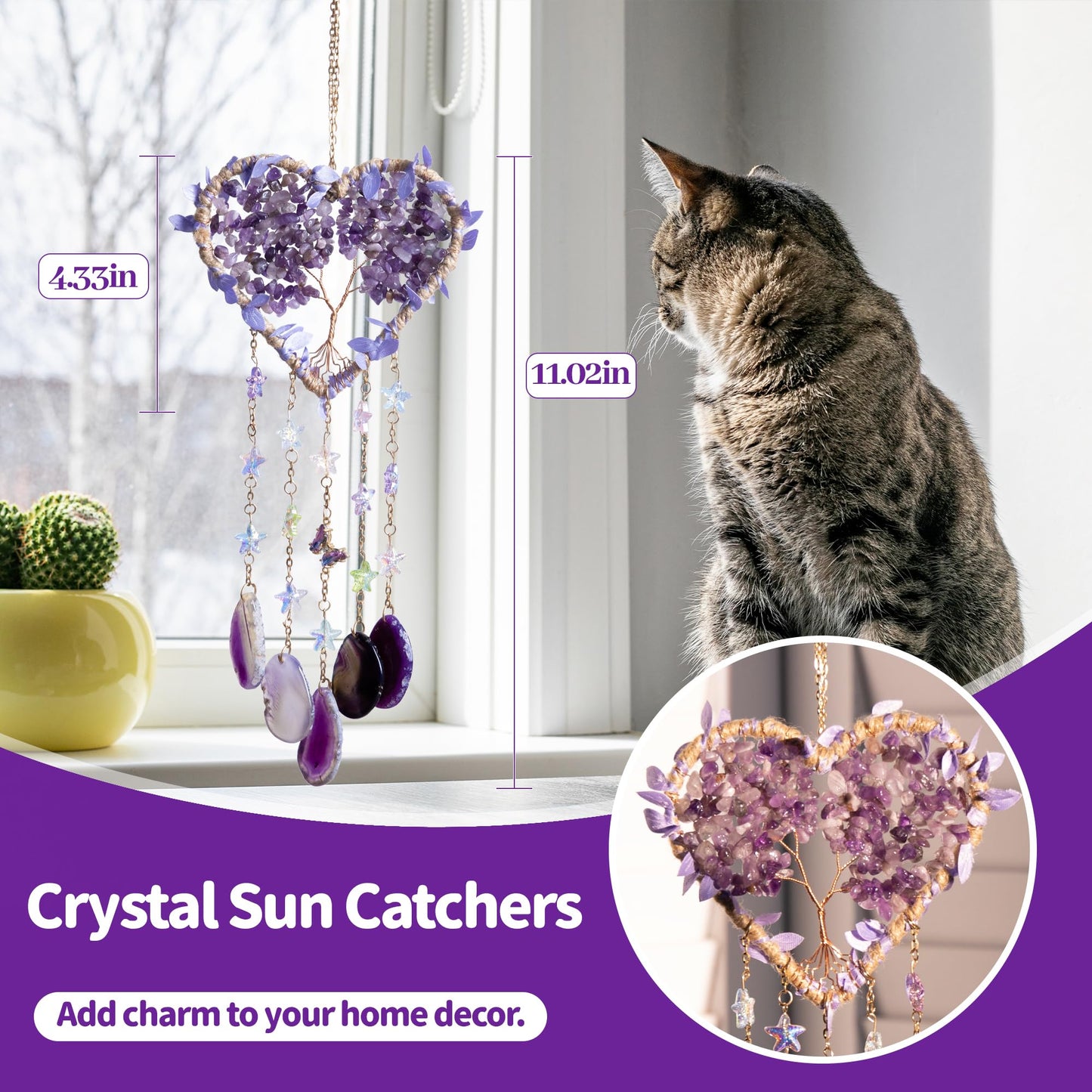Heart Crystal Suncatcher, Dreamocean Amethyst Sun Catcher for Windows Haning Decor Crystal Tree of Life Dream Catchers Wall Hangings Outdoor Garden Decor for Adults Girls
