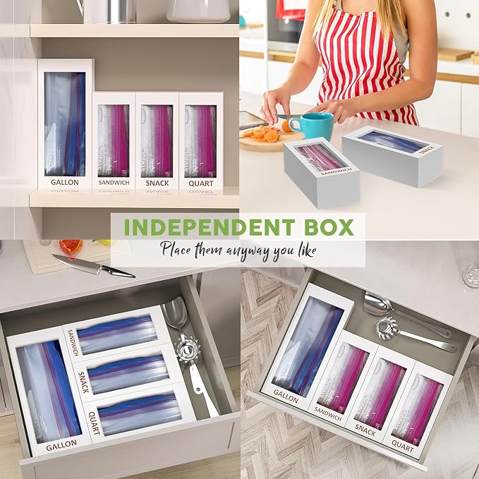 DALSHABET Bamboo Storage Bag Organizer for Kitchen Drawer, 4 Separate Food Storage Bag Organizer, 12x14 Baggie Organizer Dispenser for All Brands Gallon, Snack, Sandwich & Quart Slider Bags White