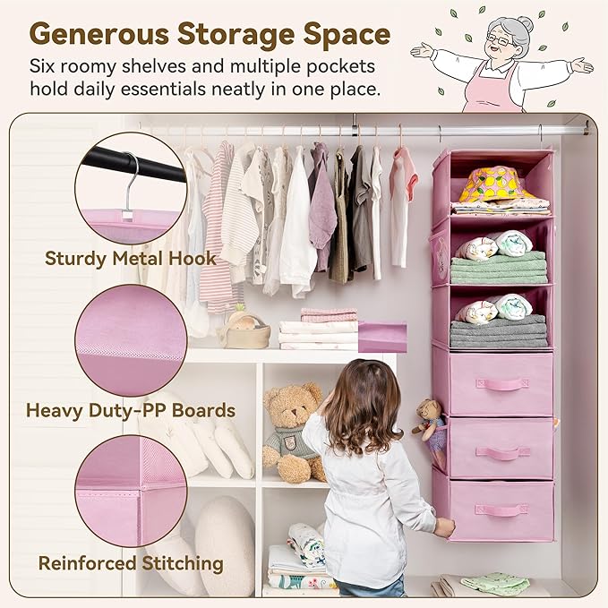 GRANNY SAYS Hanging Closet Organizer 6-Shelf, Separable to 2 Pack 3-Shelf Closet Storage Organizer with 4 Side Pockets, 3 Different Drawers, Portable Hanging Shelves for Baby Clothes, Sweater, Pink