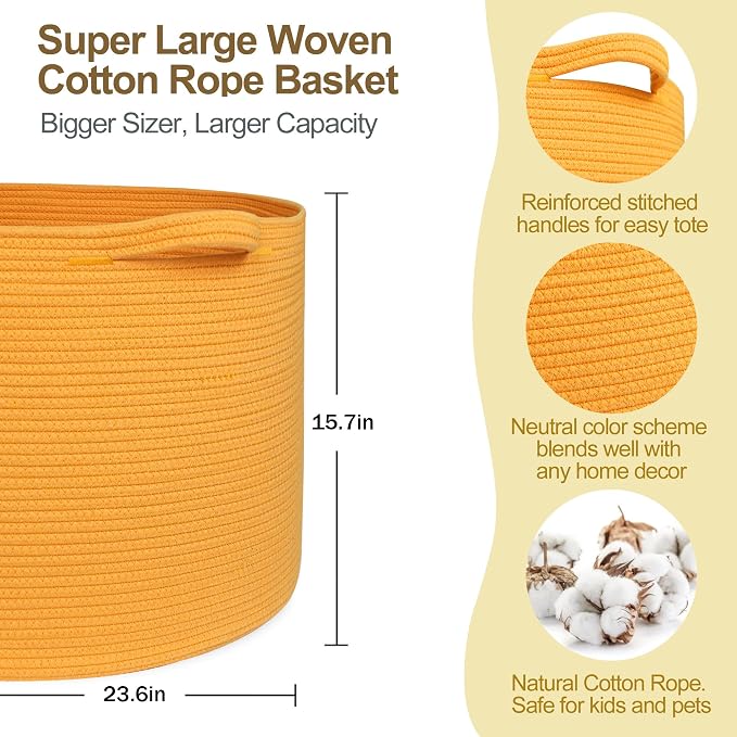 MEGASKET Extra Large 115L Orange Basket, 23.6"x15.7" Woven Cotton Rope Bins for Blankets, XXXL Baby Nursery Laundry Towel Basket, Oversized Kids Dog Toy Storage Box, Orange Living Room Decor Organizer