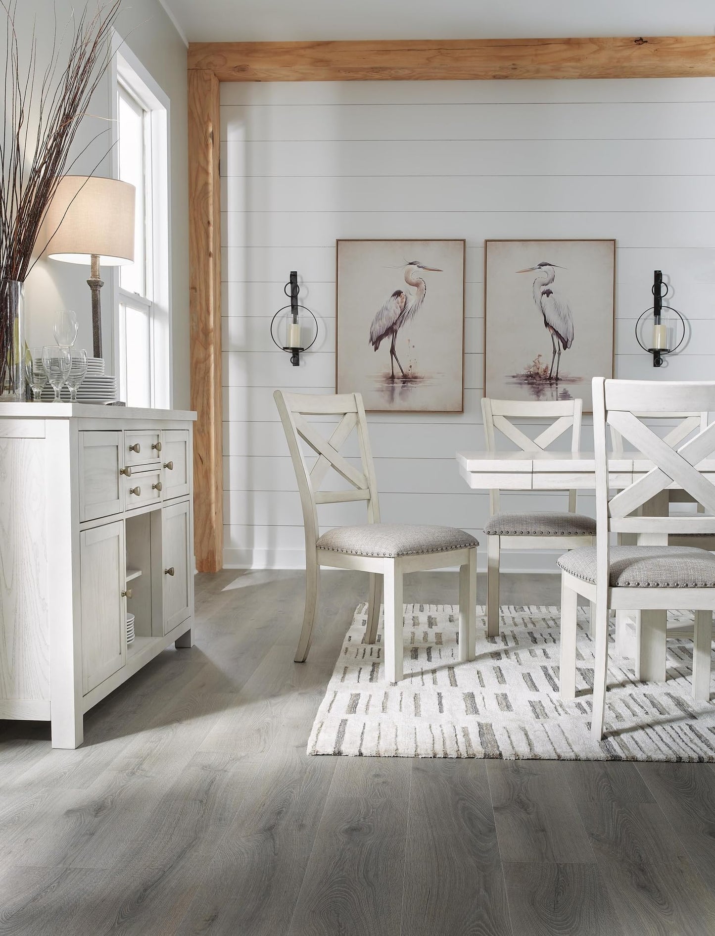 Signature Design by Ashley Robbinsdale Casual Upholstered Solid Wood Dining Chair with Nailhead Trim, Set of 2, White & Light Gray