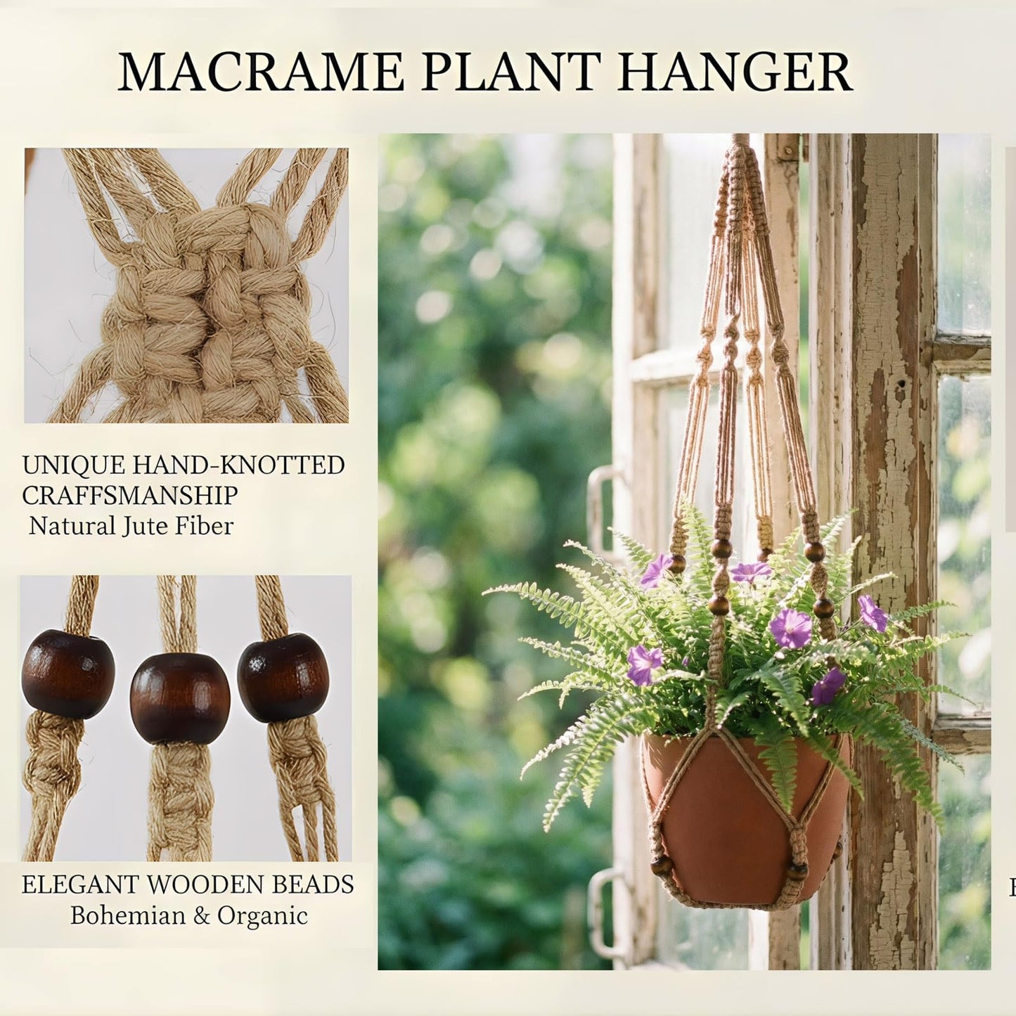 mivofo Macrame Plant Hanger 23", Set of 2 No Tassel Hanging Plant Holder Indoor, Sturdy Flower Pot Holder with Hooks - Brown (Pot NOT Included)