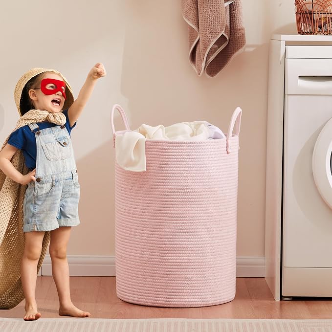 80L Extra Large Pink Hamper Laundry Basket for Baby Girls Tall Nursery Hamper for Kids Woven Rope Clothes Basket for Little Girls Room Bedroom Light Pink Kawaii 16"D x 22"H