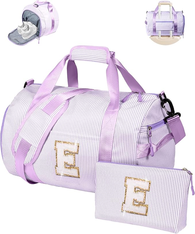 10 Year Old Girl Birthday Gifts, Girl Gym Bag, Kids Initial Overnight Duffel Bags with Shoe Compartment, Personalized Dance Bag with Makeup Pouch, Preppy Things for Kid (Letter E)