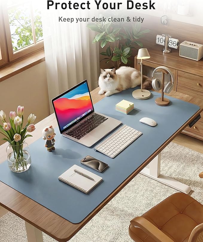 Aothia Faux Leather Desk Mat - Large Mouse Pad, Non-Slip PU Leather Blotter, Waterproof Writing Surface for Office and Home (Denim Blue, 63" x 24")