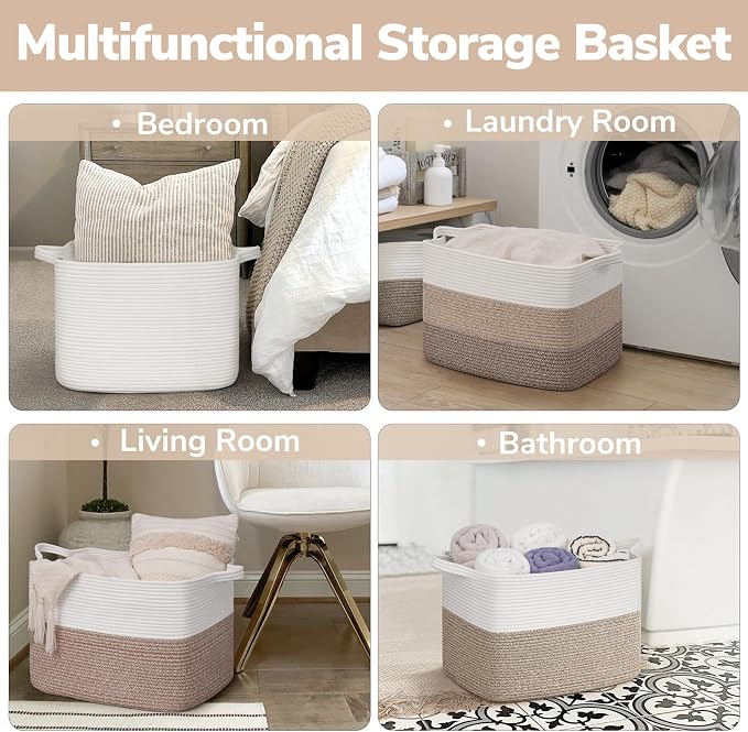 Goodpick Woven Baskets for Organizing, 18" x 14" x 12" Blanket Storage for Living Room Home Decor, Rectangle Toy Storage Basket for Kids, Large Gift Baskets Empty, White & Brown