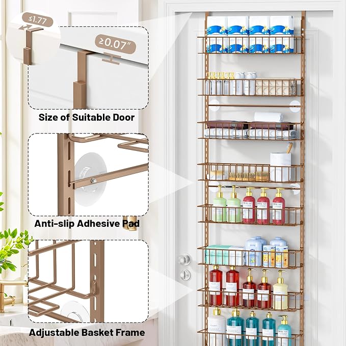 ElegantArray 9-Tier Pantry Door Oragnizer, Over The Door Pantry Organizer Rack and Storage, Hanging Spice Rack Shelves Door, Home Office Laundry Room Bathroom & Kitchen Organization, Brown