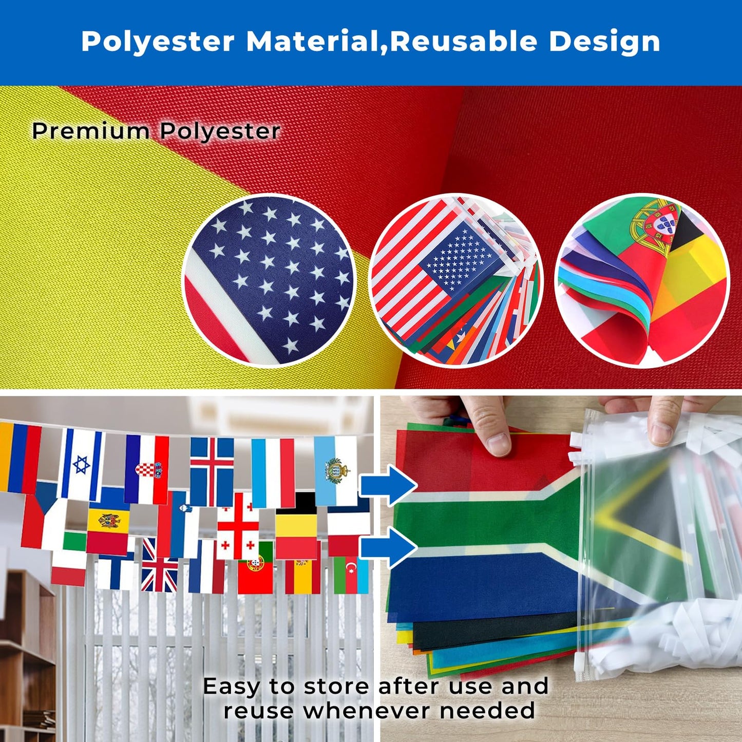 100 Country Flags Banner 82ft, Pre-Strung Reusable Polyester Flags of the World International Bunting for Classroom Decor, Party, Festival, Patio & Outdoor Events