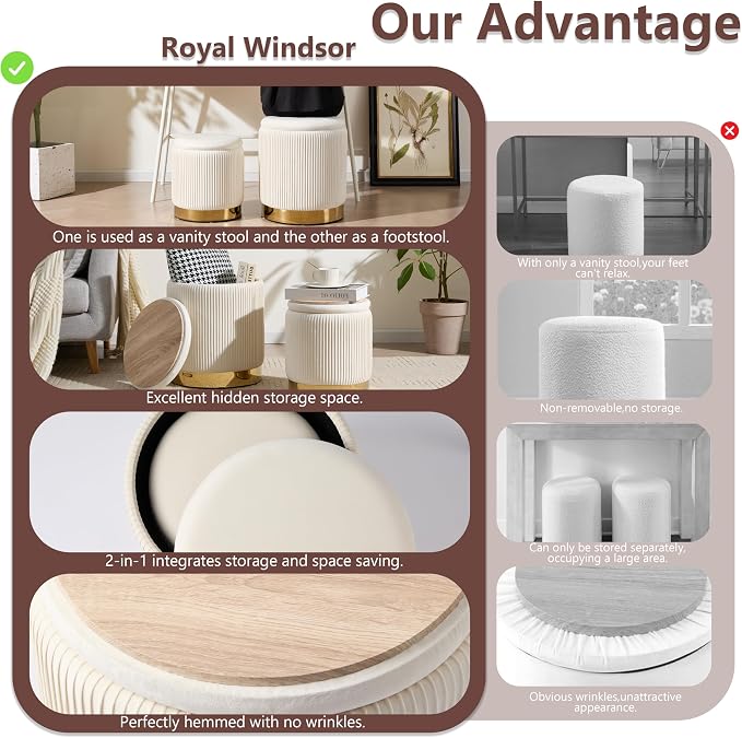 Royal Windsor Round Ottoman with Storage Set of 2, Vanity Stool with Storage for Bedroom, Ottoman Coffee Table Gold-Tone Ring Around The Base, Small Velvet Foot Stool for Living Room, Beige