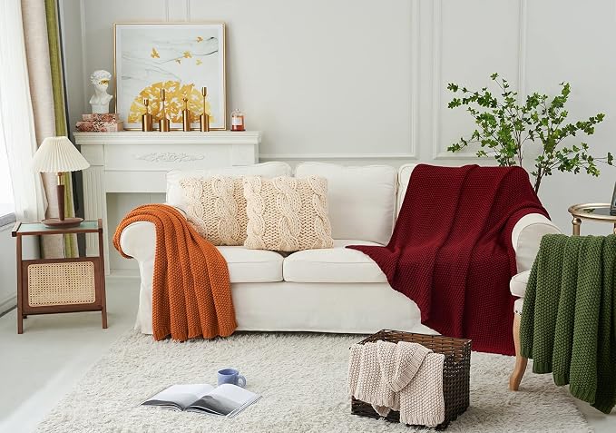 Longhui bedding Chunky Cable Knit Throw Blanket Lightweight Wine red 100% Organic Cotton Blanket for Sofa Couch Bed Baby Nursery, Rustic Shabby Chic Modern Farmhouse, 60” x 80” Give Laundering Bag