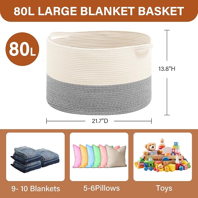 Foldable Laundry Hamper Basket with Collapsible Handle Cotton Rope Soft Woven Fabric Storage Organizer Clothes Toys Nursery Bedroom Dorm Space Saving Bin (White & Light Grey, 80L(21.7"D x 13.8"H))