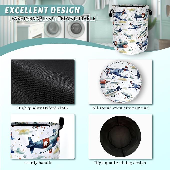 Watercolor Plane Laundry Basket Foldable Cartoon Laundry Hamper Oxford Cloth Plane Printed Colorful Tote Bag Clothes Toy Storage Bucket For Bathroom/Laundry Storage/Bedroom 18.9x16.5 Inch