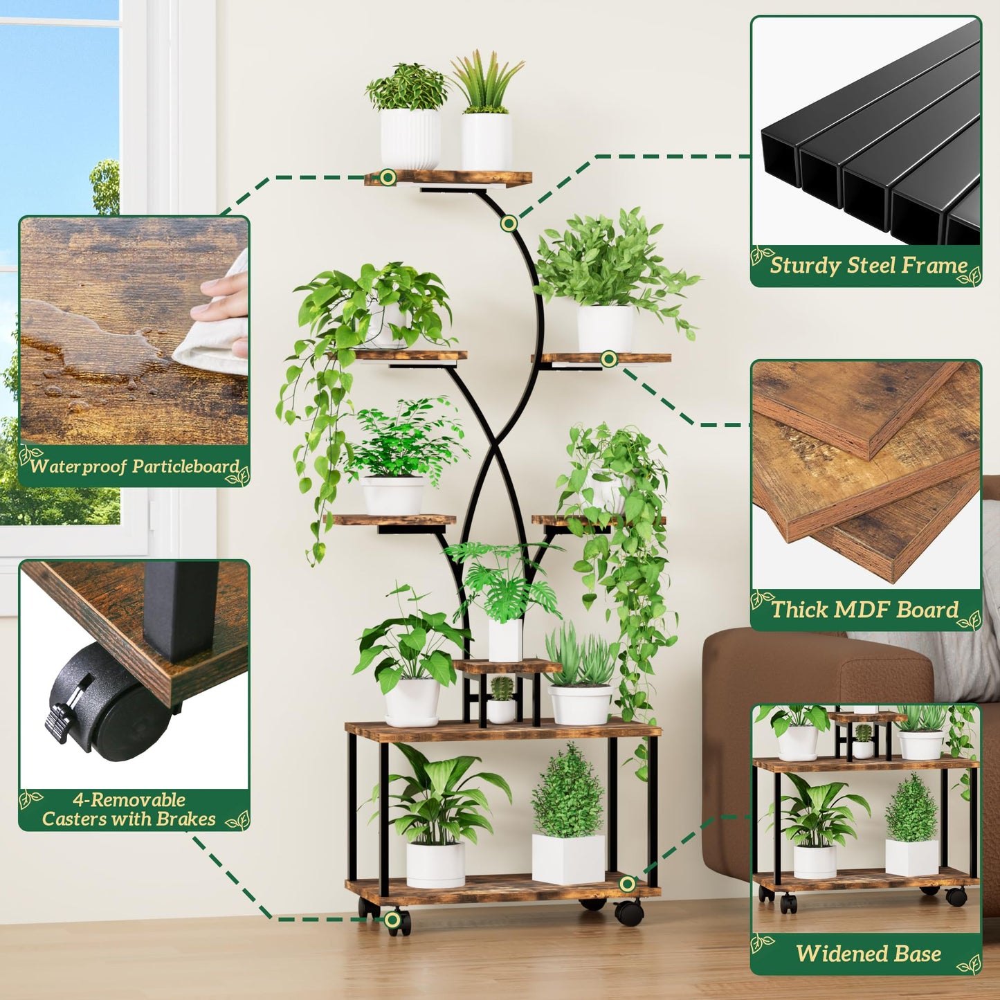 Azaeahom Plant Stand Indoor with Grow Lights, 8 Tiered Metal Plant Shelf with Wheels, 58" Tall Corner Plant Stand Flower Display Rack Holder for Living Room, Patio