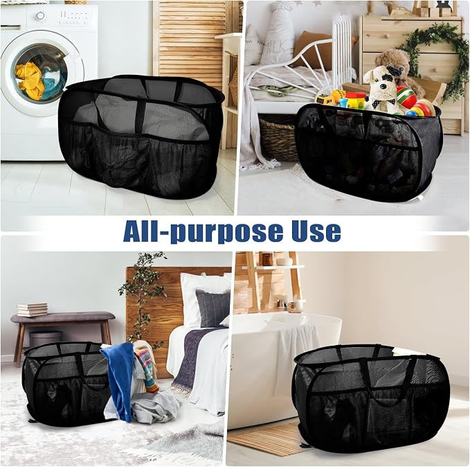 Collapsible Laundry Baskets, Upgrade Pop Up Laundry Hamper with Convenient Bags, Foldable Laundry Basket Mesh Light Weight, Easy to Carry Clothes Hampers for Laundry, Dorm, Toys, Travel Black