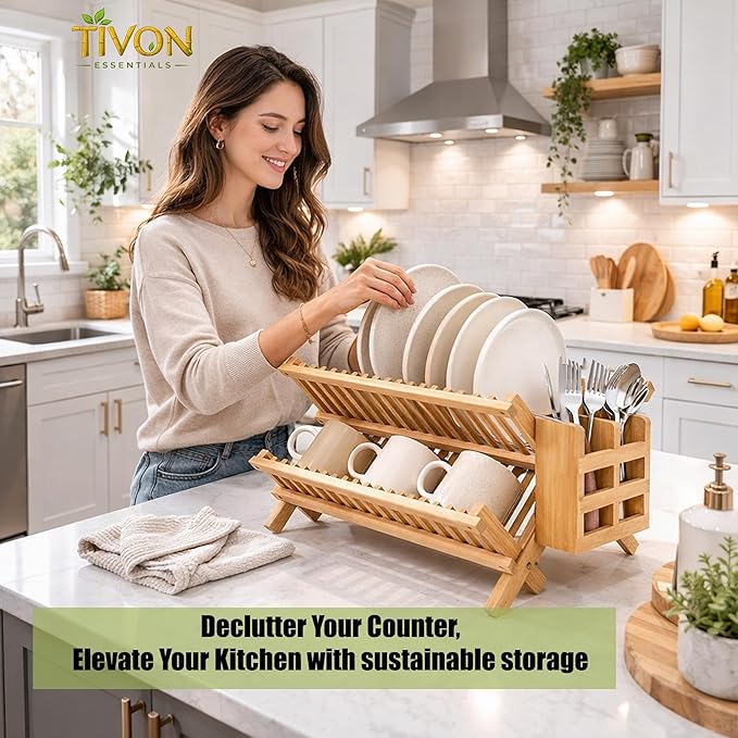 Bamboo Dish Drying Rack with Utensil Holder & Absorbent Dish Drying Mat|3Tier Collapsible Wooden Dish Rack for Kitchen Countertop|Large Foldable Dish Drainer|Kitchen Organizer for Plates Cups utensils