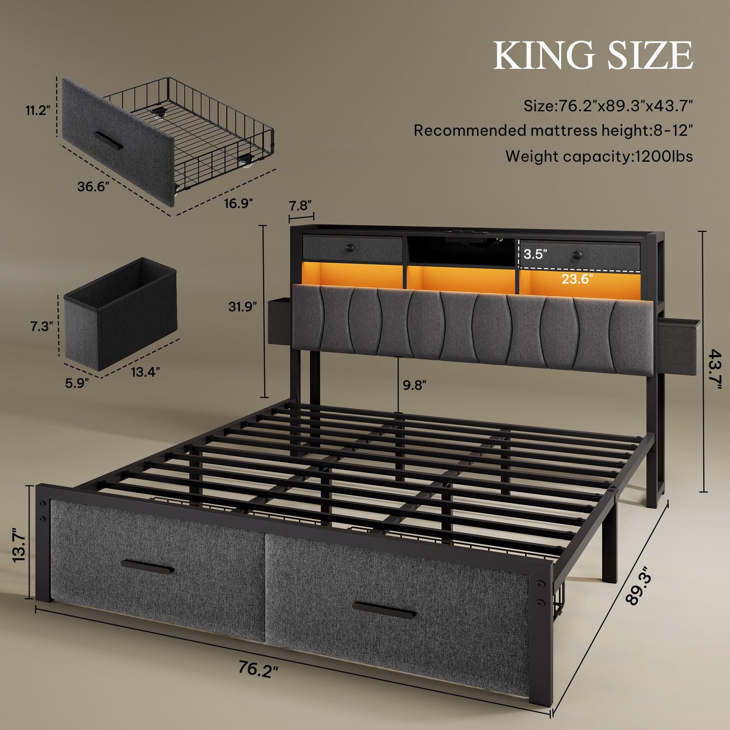 DWVO King Size with 2 Storage Drawers and Charging Station, Linen Upholstered Platform Bed with Storage Headboard and LED Light, Heavy Duty Metal Support, No Box Spring Needed, Noise Free, Grey