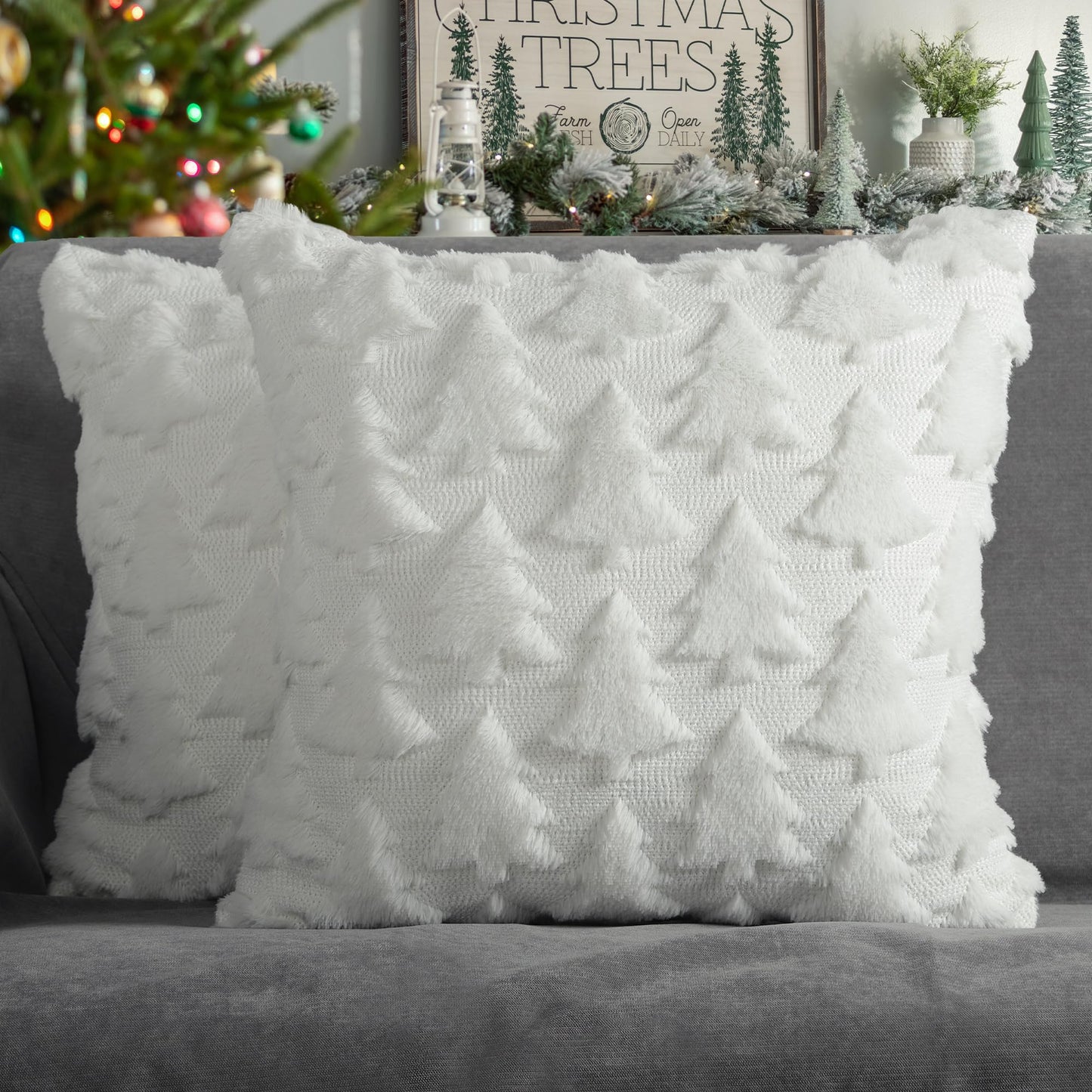 4TH Emotion Christmas Tree Decorative Pillow Covers 18x18 Set of 2, White Soft Plush Faux Fur Farmhouse Throw Cushion Cases for Xmas Winter Holiday Home Decor