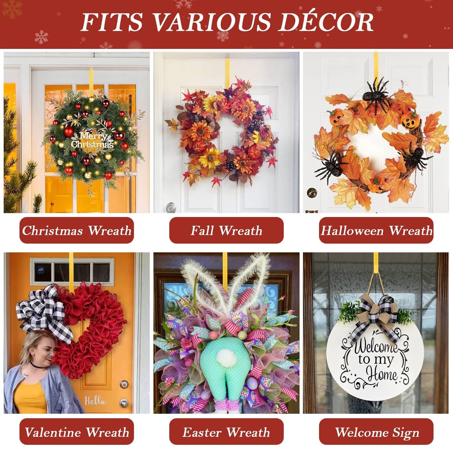 12" Metal Wreath Hanger for Front Door, Tools-Free Wreath Hanger Heavy Duty, Over-the-Door Hooks for Hanging Welcome Sign, Wreath Holder for Easter, Halloween, Fall, Christmas Decorations(Gold)
